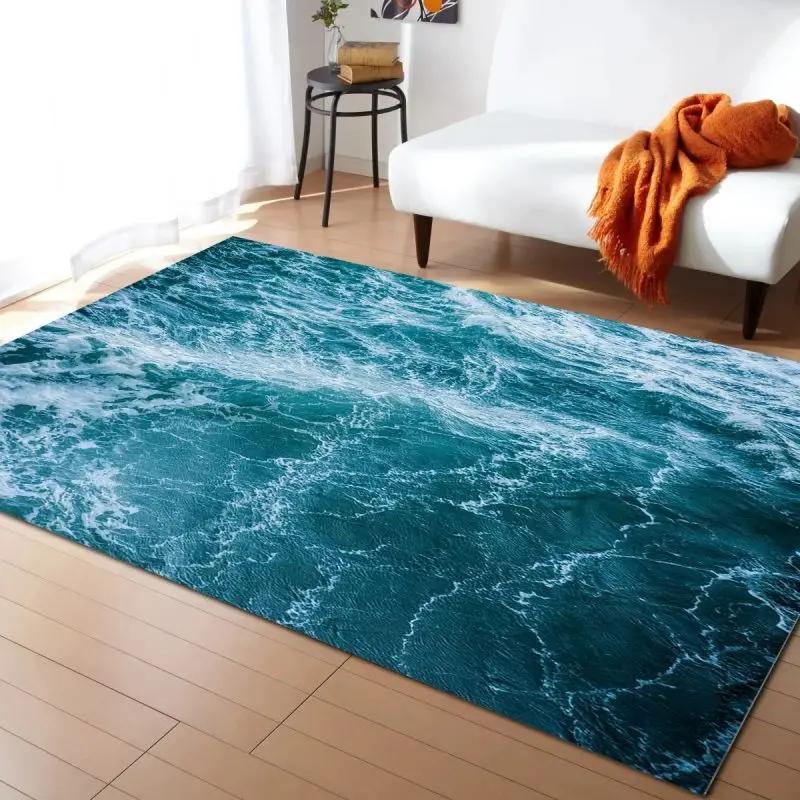 Alfombra Estampada de Olas Marinas para Decoración de Sala de Estar en Casa Felpudo Antideslizante para Dormitorio Mesita de Noche Alfombras para Área de Mesa de Café Felpudo para Baño