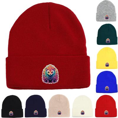 Hedgehog Print Knit Hat Beanie, Animal Skullies Beanies Winter Soft Simple Bobble Hat Knitted Cap Beanie