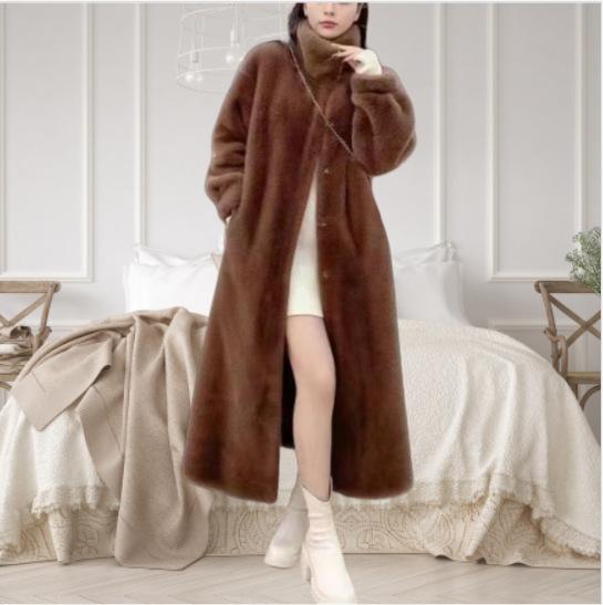 Medium and long imitation fur coat stand-up collar cotton thickened loose imitation mink coat women's light