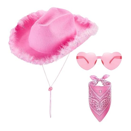 Hat Scarf Glasses Set Pink Series Felt Cowboy Hat with Feather Trim Pink Bandana Heart-Shaped Sunglasses Versatile Western Style Accessories