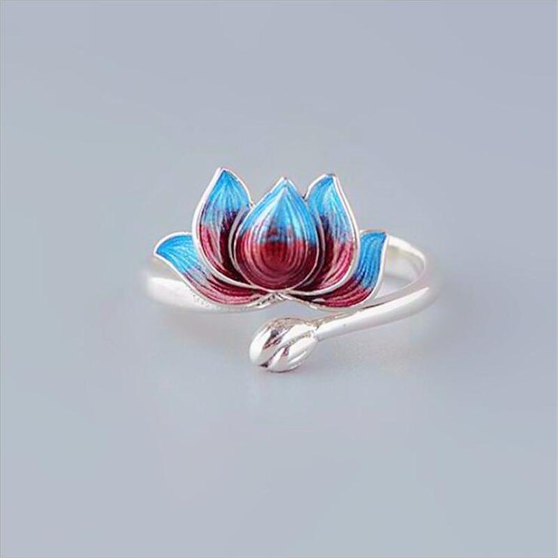 New Fashion Burnt Blue Cloisonne Lotus 925 Sterling Silver Jewelry Personality Epoxy Two-color Lotus Flower Opening Rings  R306