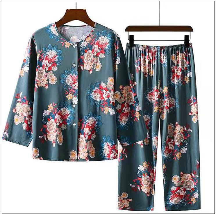 Home Wear for Middle-Aged Mother Spring/Summer Long Sleeved Trouser Pajamas Set 100% Viscose Ladies Sleepwear
