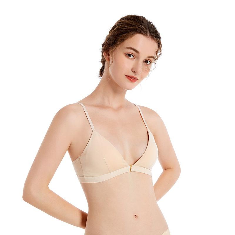 Summer Solid Color Front Button Triangle Bra Cotton Feel No Underwire Bra Breathable Back Women's Bra