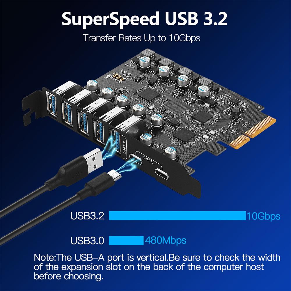 USB 3.2 PCIe Card PCIe X1 USB 3.2 Expansion Card 5 USB-A and 2 USB-C Ports MAX 10Gbps for Desktop Computer
