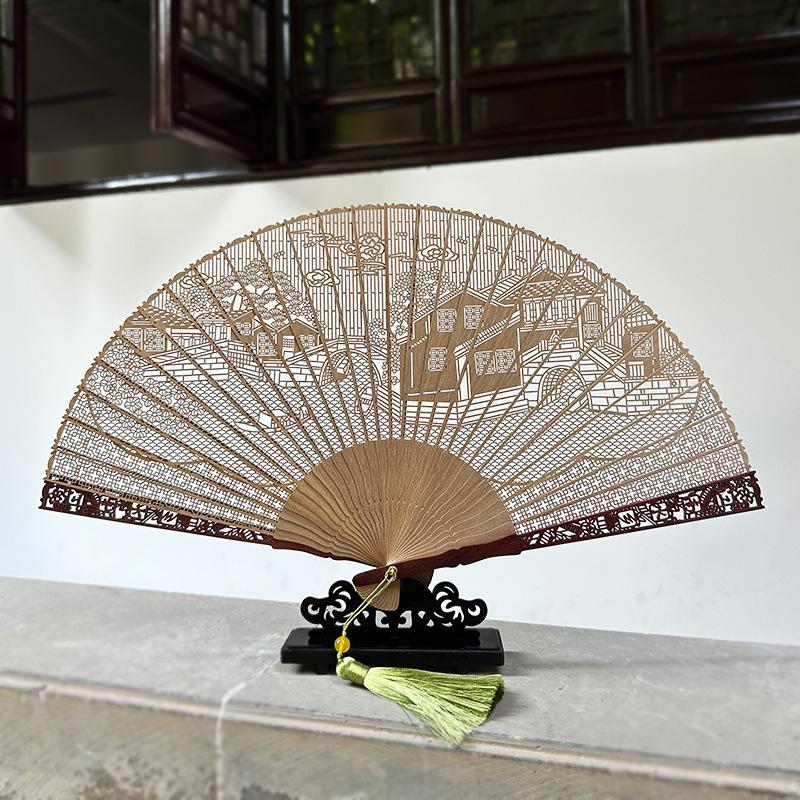 

Chinese Sandalwood Fan - 7-inch Burmese incense wood hollowed-out carved folding fan, Chinese-style gift fan