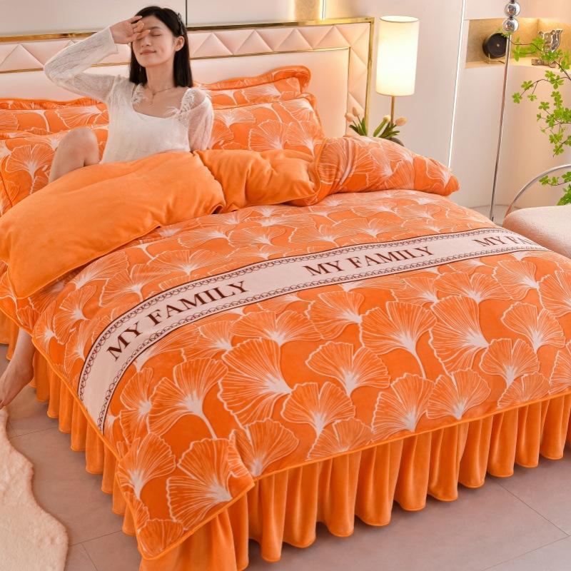 Thickened Milk Fleece Four-Piece Coral Fleece Quilt Cover, Bed Sheet Fleece Double-Sided Fleece Flannel Bedding, Bed Skirt