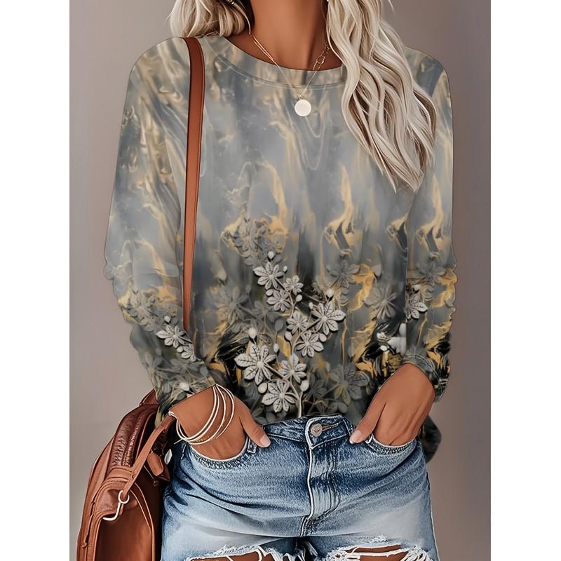 Womens Loose Fit Long Sleeve Round Neck T-Shirt With 3D Dinosaur Christmas Tree Print Milk Silk Fabric