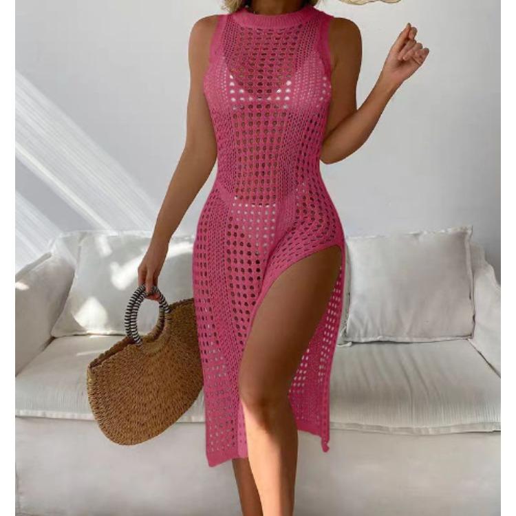 Sommerurlaub Sexy Einfarbig Rundhals Ärmellos Gestrickt Strand Sonnenschutz Überwurf Bequemes Kleid Leicht Elegant Schmeichelhaft Schickes Kleid