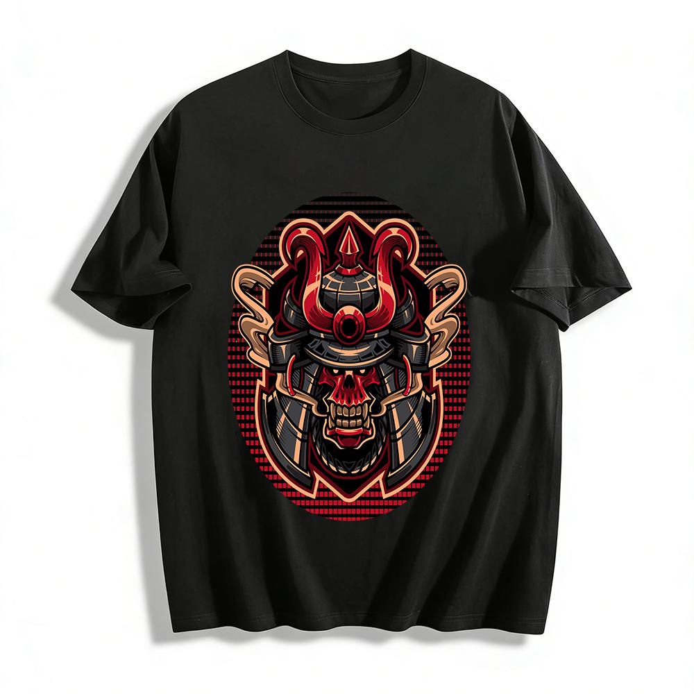Dark Samurai Skull Print T-Shirt Vintage Hardcore Streetwear Top Pure cotton T-shirt XXS