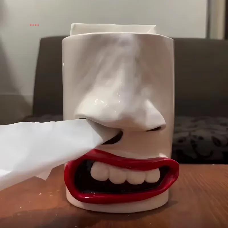 Creative Handmade Resin Funny Face Tissue Holder Nostril Pull Out the Paper Desktop Ornament Halloween Joker Funny Paper Box