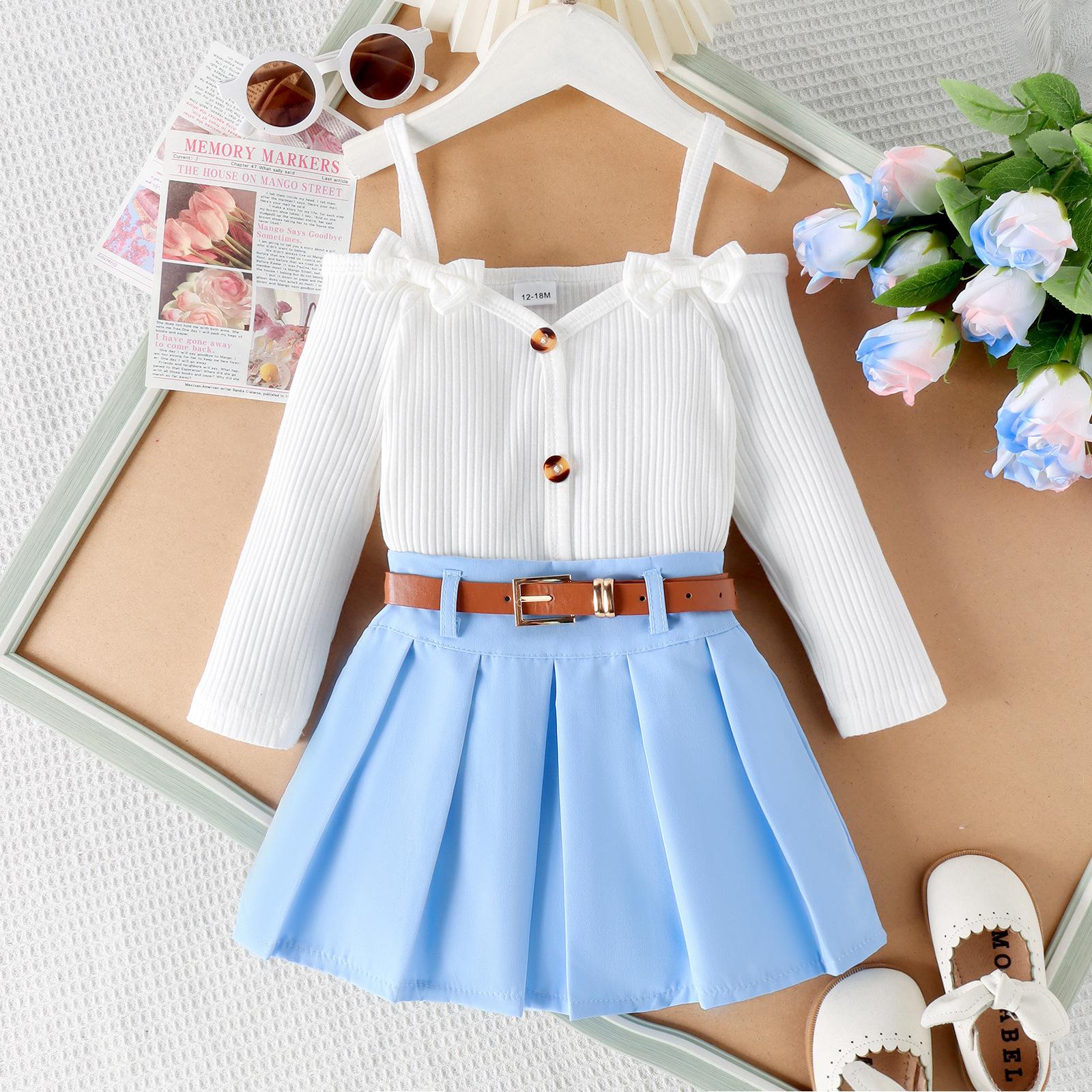 

Комплект одежды для девочек, весна-осень, повседневное детское пальто с длинными рукавами, однотонной линией плеч и плиссированной юбкой 4-5T синий