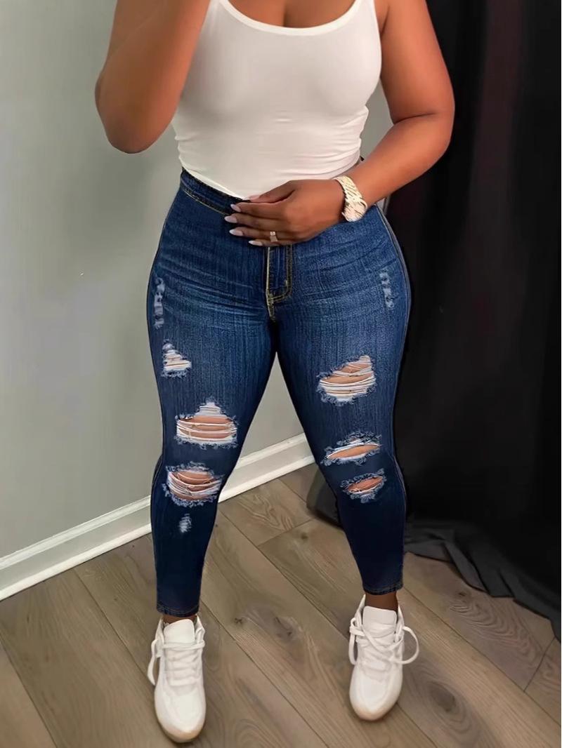 

European & American Classic Ripped Mid-Waist Stretch Skinny Jeans for Women XL темно-синього кольору
