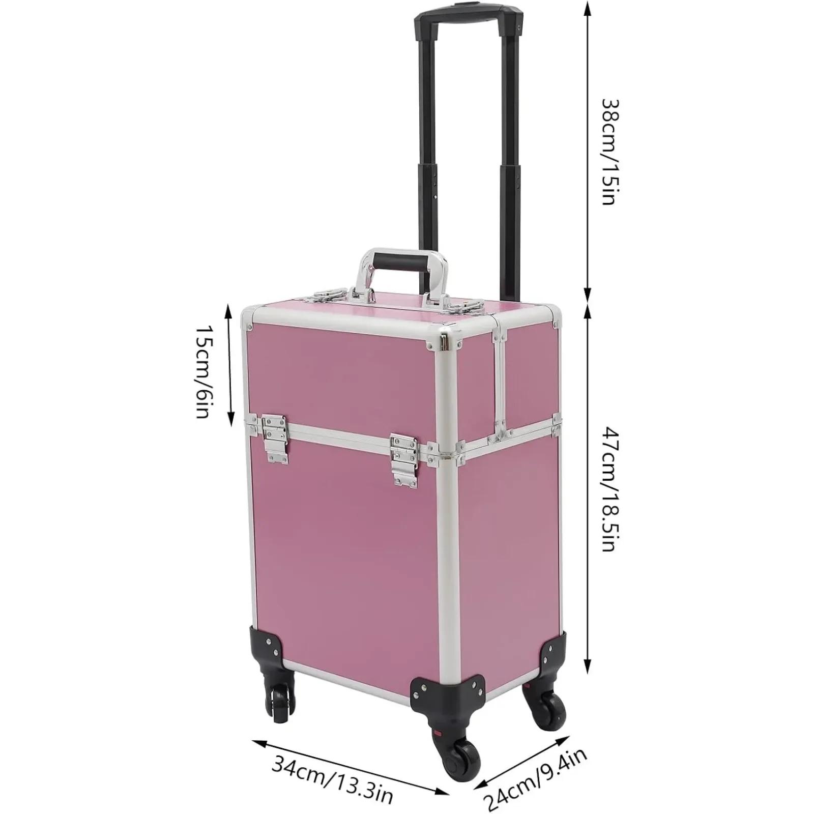 

Профессиональный кейс для хранения макияжа на колесиках, большой кейс-органайзер для визажистов и парикмахеров, с 4 органайзерами-поддонами для макияжа/парикмахерских принадлежностей (розовый) розовый