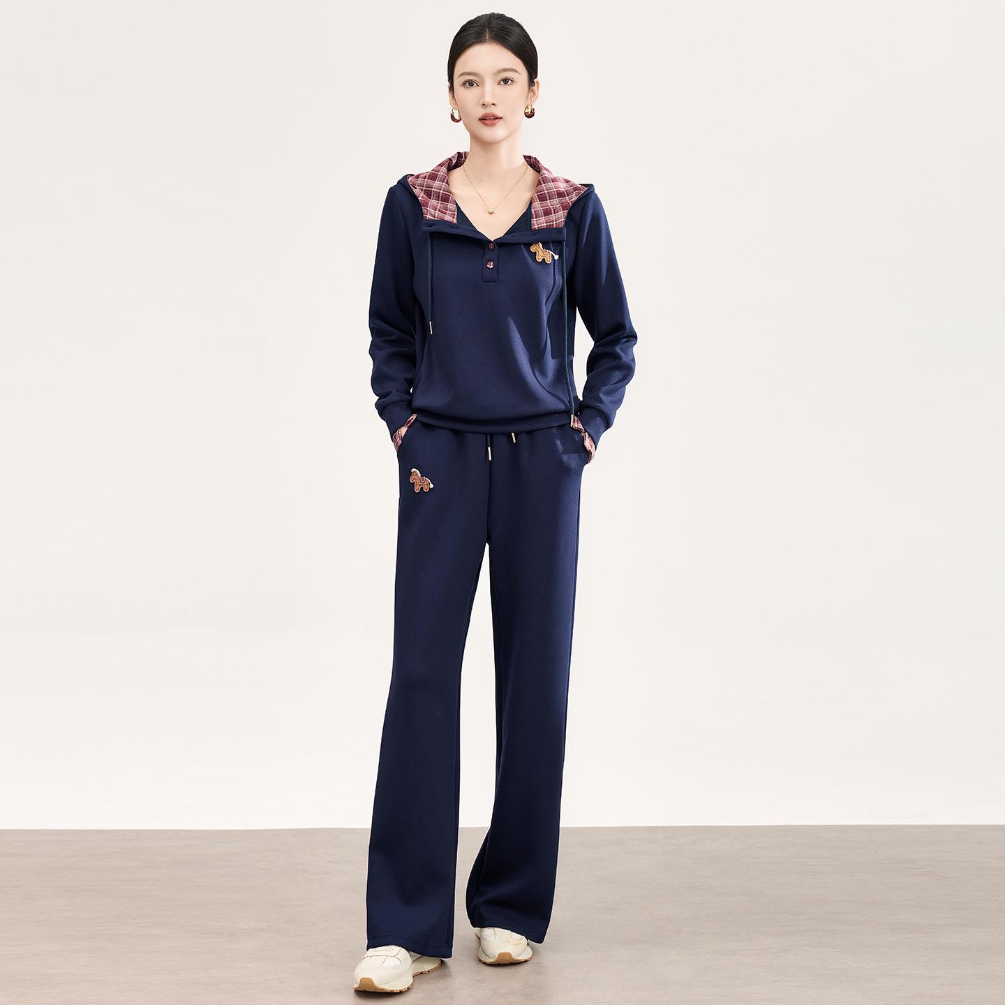 

Salt-Toned Casual Sporty Hooded Set: Color Block Hoodie + Wide Leg Pants for Women, Spring Collection Large темно-синий