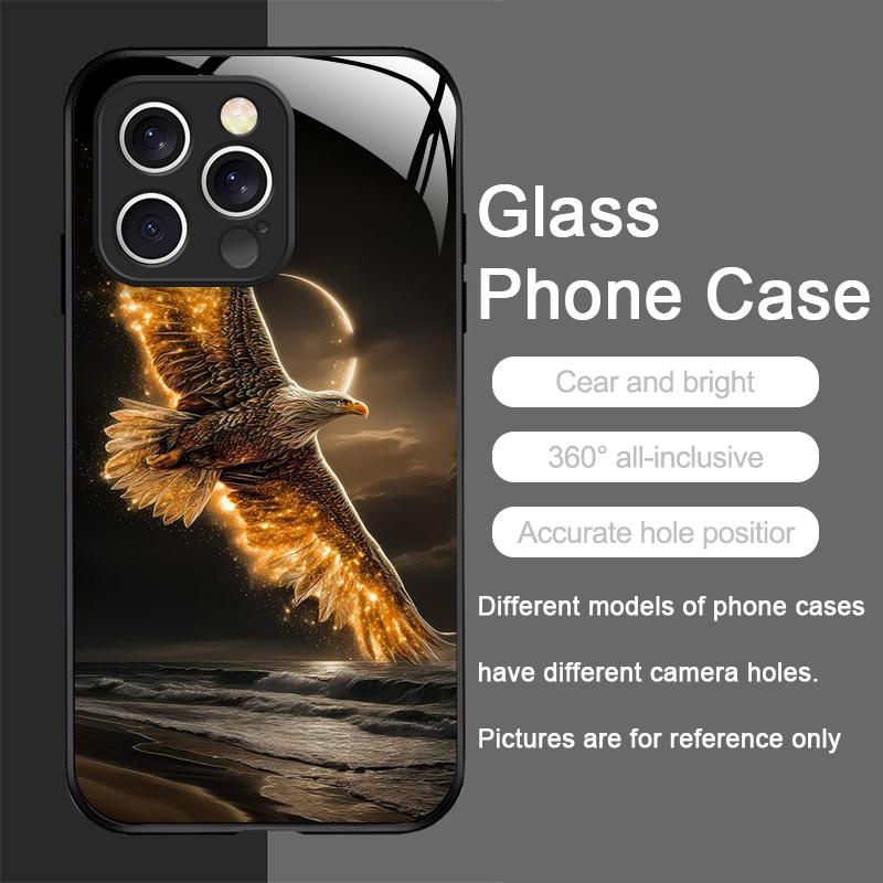 Stylish Eagle Golden Diamond Pattern Tempered Glass Phone Case for IPhone 17 16 Pro Max 15 14 13 12 Mini 11 X XS 7 8 Plus Cover