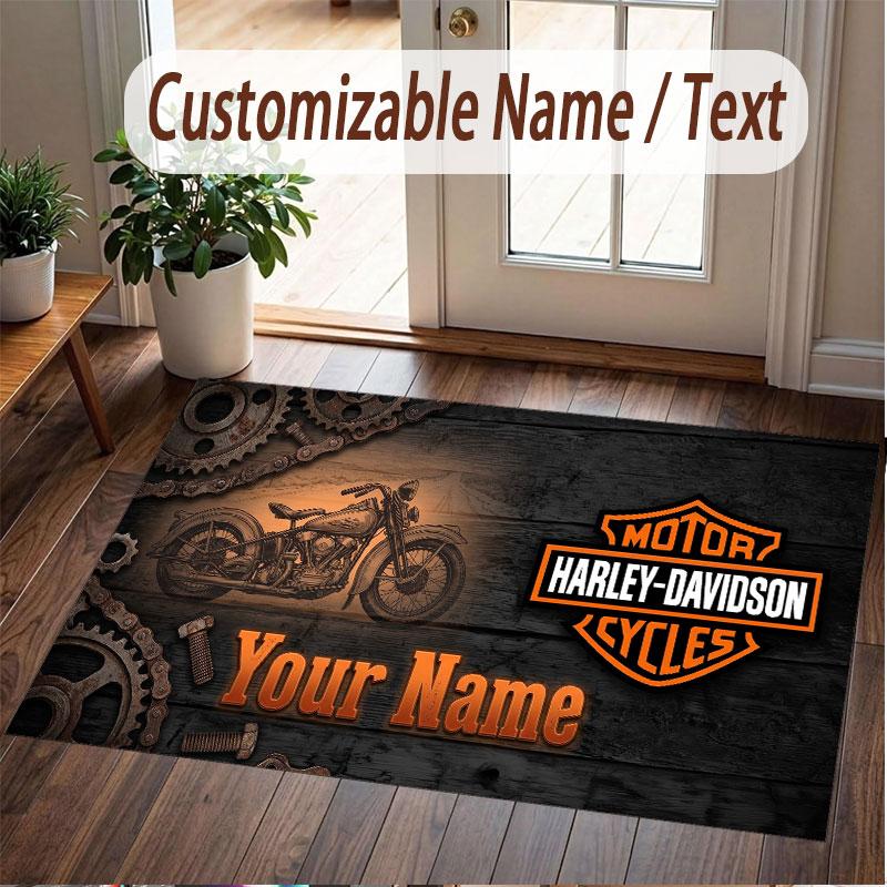 Custom Rug Harley-Davidson Pattern Print Name Text Soft Non‑Slip Floor Carpet for Home Indoor Decoration