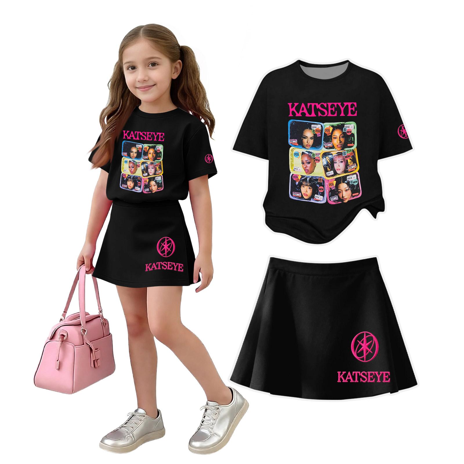 Girls Casual Two Piece Outfit Short Sleeve Crew Neck Top with Graphic Print and Matching Skirt Set Lightweight Comfortable Fit 110