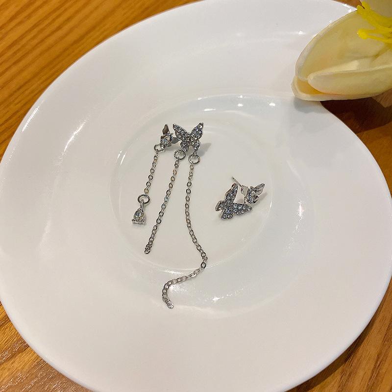 Flash Diamond Butterfly Tassel Earrings Femininity Long Earrings Silver Needle Ears