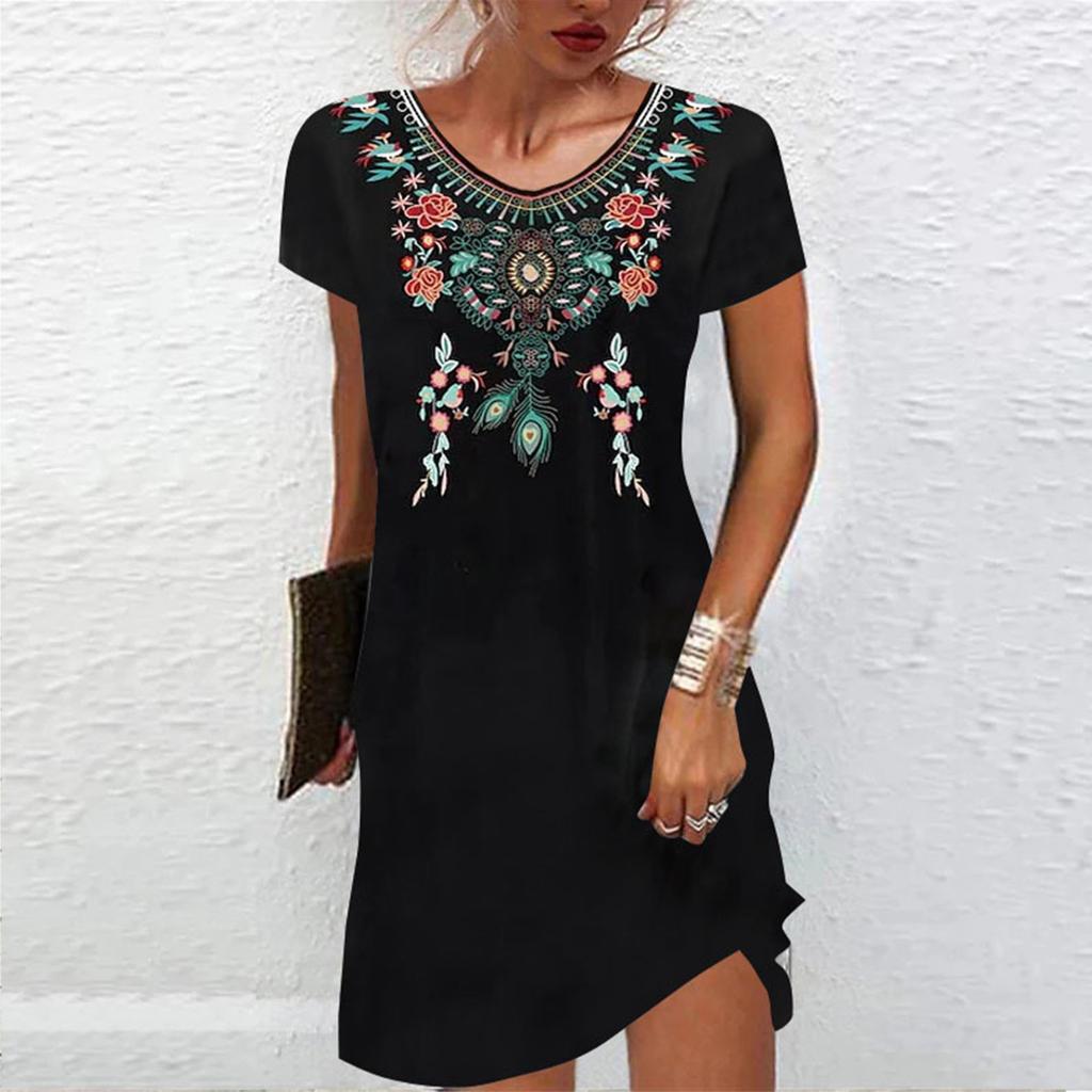 European and American new summer mid-waist printed urban casual short-sleeved dress