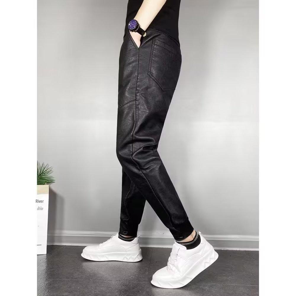 Men's Trendy Casual Elastic Slim-Fit Leather Motorcycle Harem Pants with Multi-Pockets for Fall/Winter.