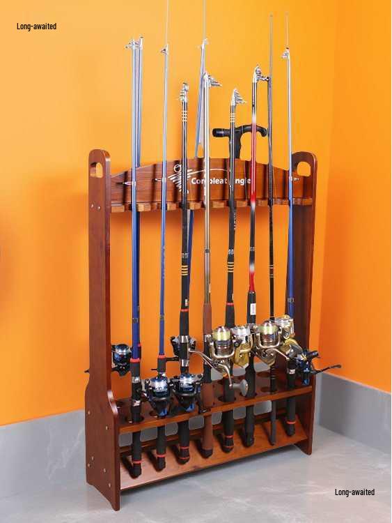 16-Position Solid Wood Fishing and Billiard Cue Rack for Rods and Cues - Tackle Display Stand