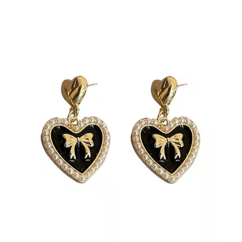 S925 Silver Bow Stud Earrings with Heart Pendant - 2022 Fashion Enamel Drop Women's Accessories