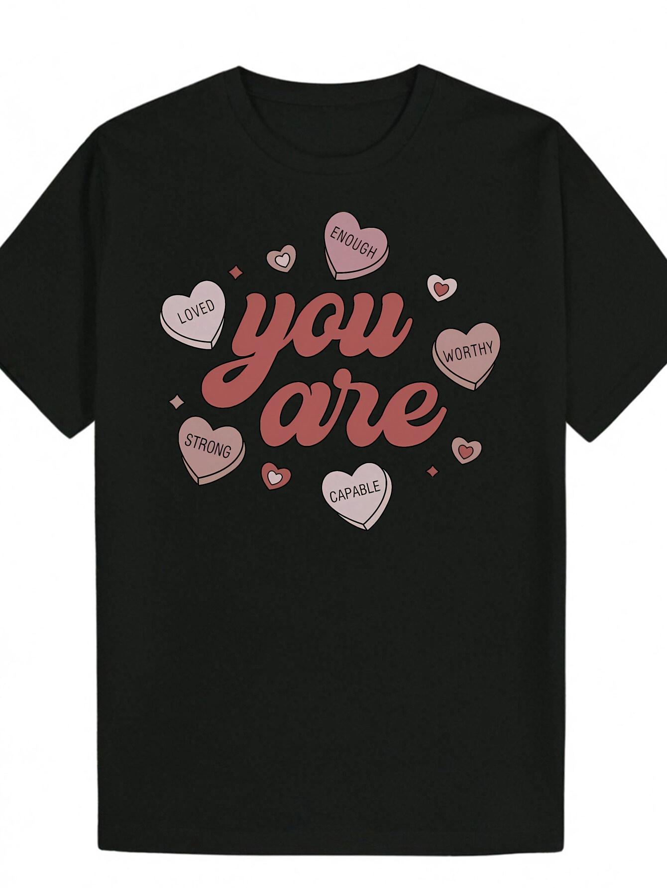 

Short Sleeve T-shirt - Black with Pink Inspirational Lettering & Heart Design M