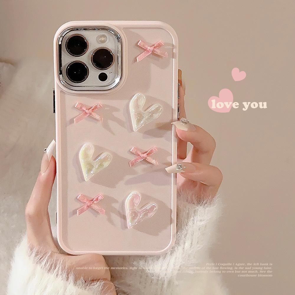 Pink Love Bow 17promax Mobile Phone Case Iphone16 Electroplated Three Dimensional 11 Suitable for Apple 13 Women 14