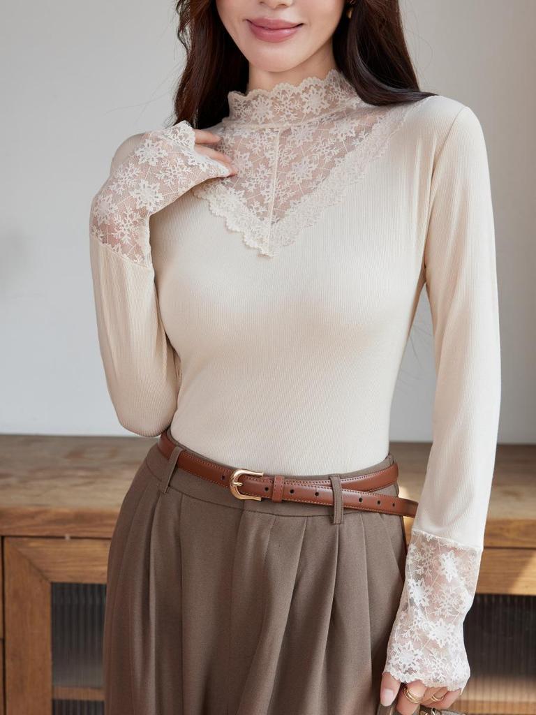 Women's Long-Sleeve Lace Semi-High Neck Fleece Mesh Top for Autumn/Winter