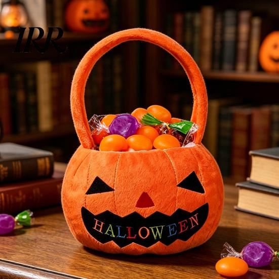 Cute Pumpkin Handbag Halloween Treat Bag, Portable Candy Tote for Kids, Large Capacity Comfortable Handle Trick or with Soft Handle, Party Favor Gift