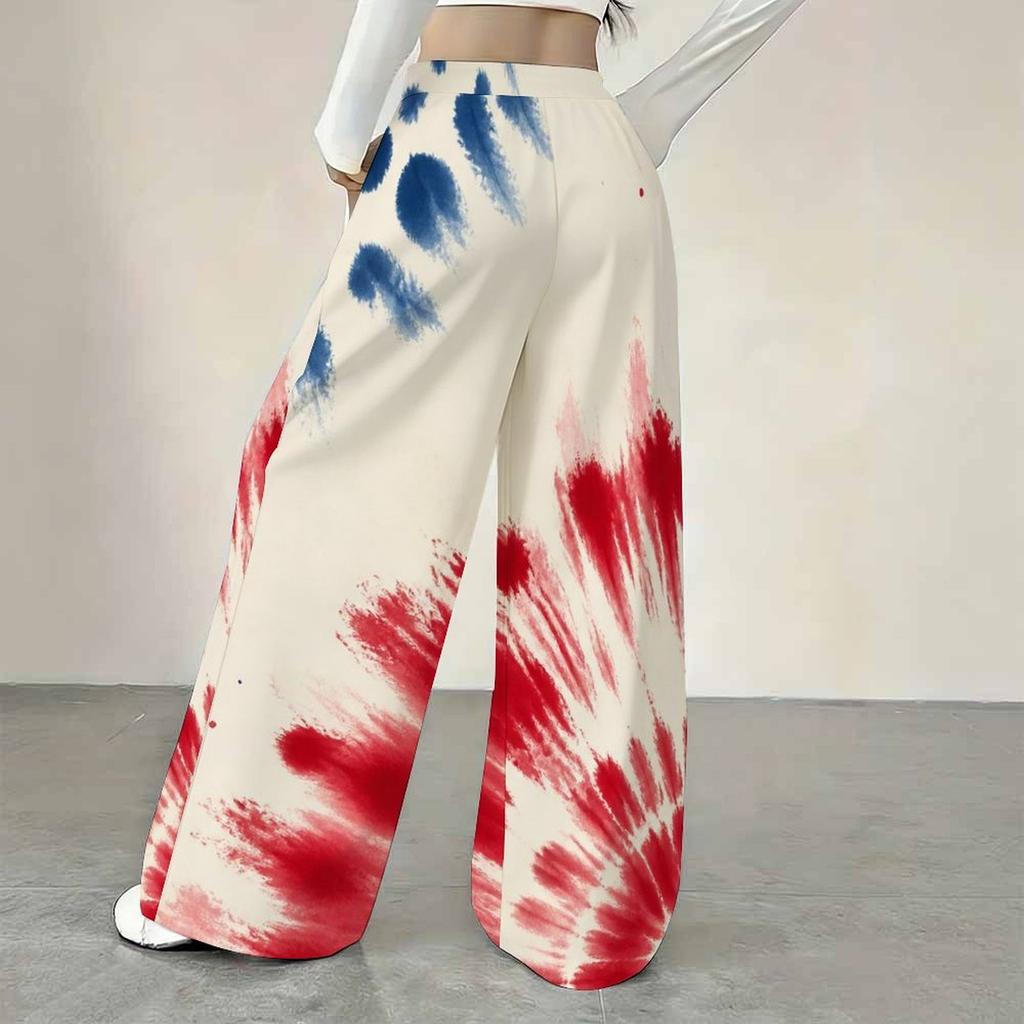 Women Plus Size Loose Straight Leg Full Length Pants Red White Blue Star Stripe Printed