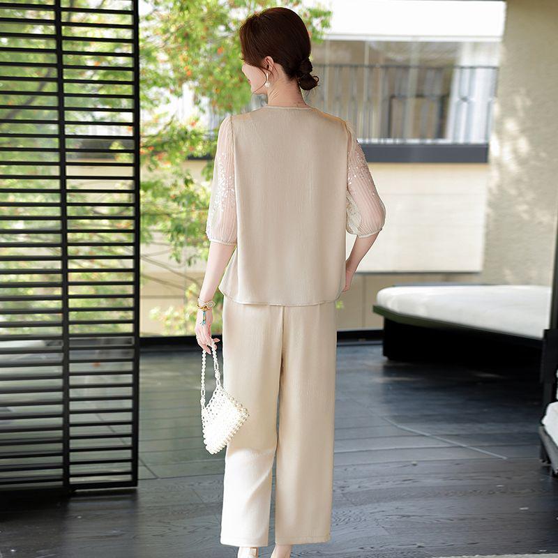 2026 Mom's Summer Mid-Sleeve Chiffon Blouse & Top Two-Piece Set for Middle-Aged and Elderly Women