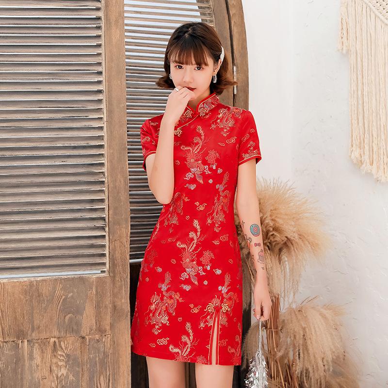 Summer Daily Front Fork Dragon&Phoenix Qipao Elegant Women Cheongsam Old Shanghai Mandarin Collar Sexy Short Chinese Dress Vestido