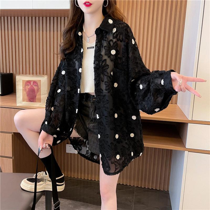 

Большого размера, Тонкая солнцезащитная одежда с кисточками в горошек, Свободная рубашка для весны и осени, Стиль средней длины 2XL чёрный