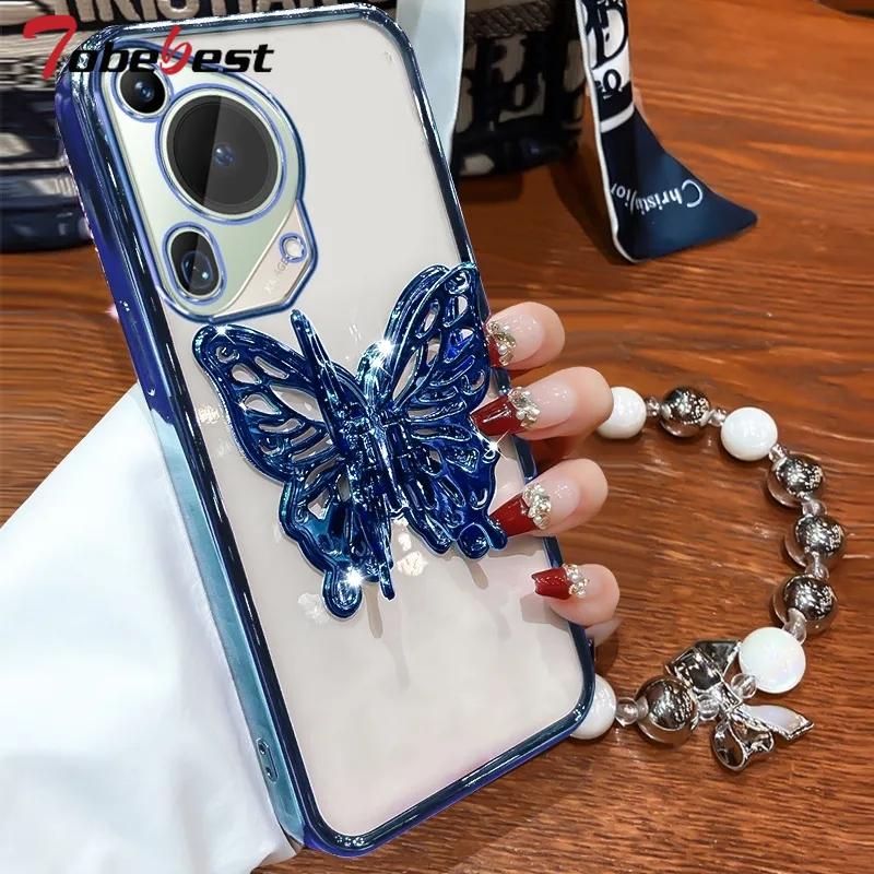 3D Butterfly Phone Holder Bead Bracelet Glitter Plating Case for Huawei Pura 70 Ultra P60 P50 P40 P30 P20 Lite Pro Back Cover