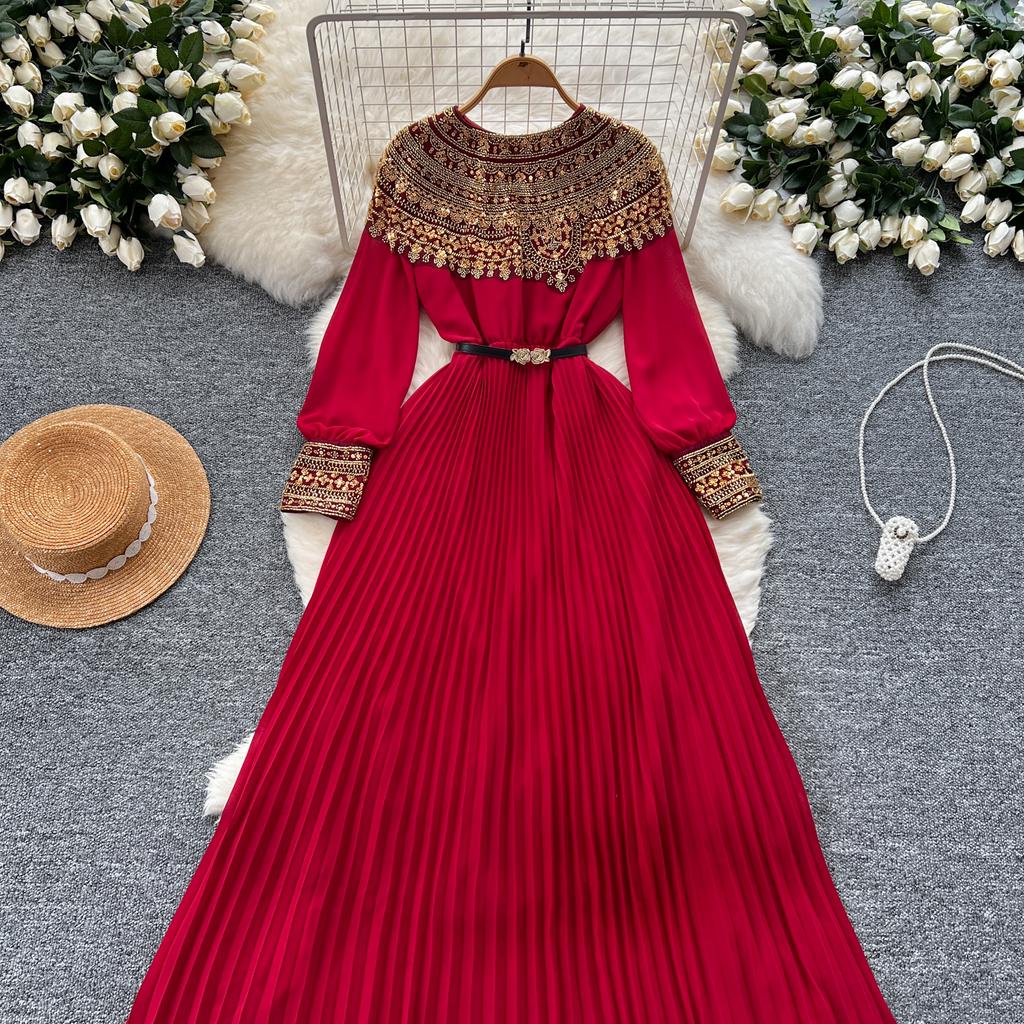 Temperament Robe Femme Maxi Dresses for Women Long Sleeve O-neck Sequin Slim Waist Vintage Pleated Dress 2025 Vestidos De Mujer