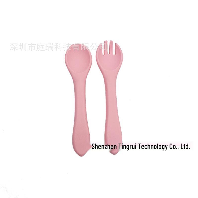 Child's Wooden Handle Silicone Fork & Spoon Set for Learning to Eat