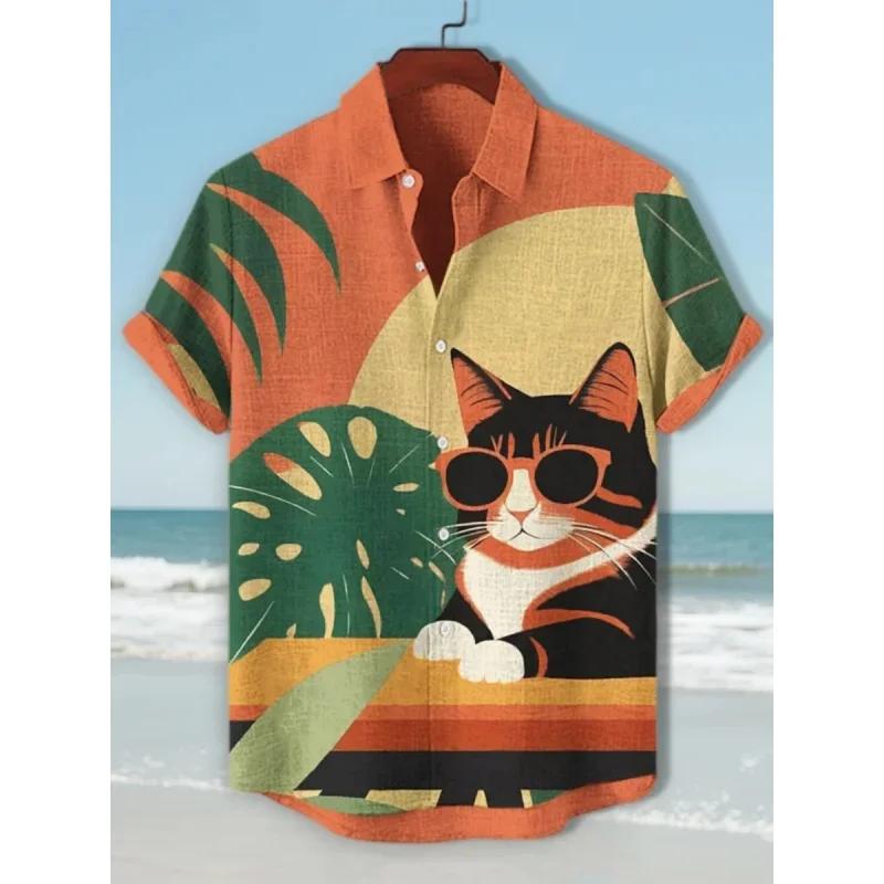 3D Printed Fun Cat Fish Hawaiian Shirt for Men Cute Animals Pattern Aloha Shirts Summer Short Sleeve Tops Street