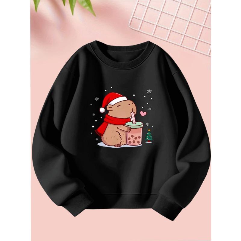 Cute Girl Christmas Creative Capybara Print Sweatshirt - Comfortable Long-Sleeve Round Neck for Autumn And Winter