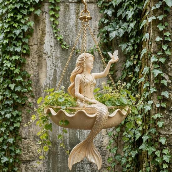 Housewarming Gift for Gardeners Fairy Ballet Dancer Mermaid Hanging Planter, Resin Decorative Flower Pot with Metal Chain, Balcony Outdoor Indoor