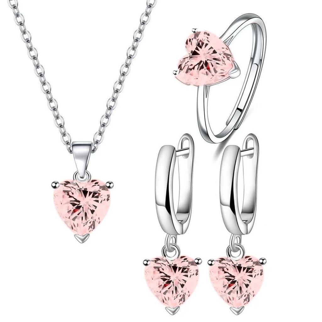 Zircon Heart Pendant Necklace & Ring Love Set for Women - 3 Piece Set
