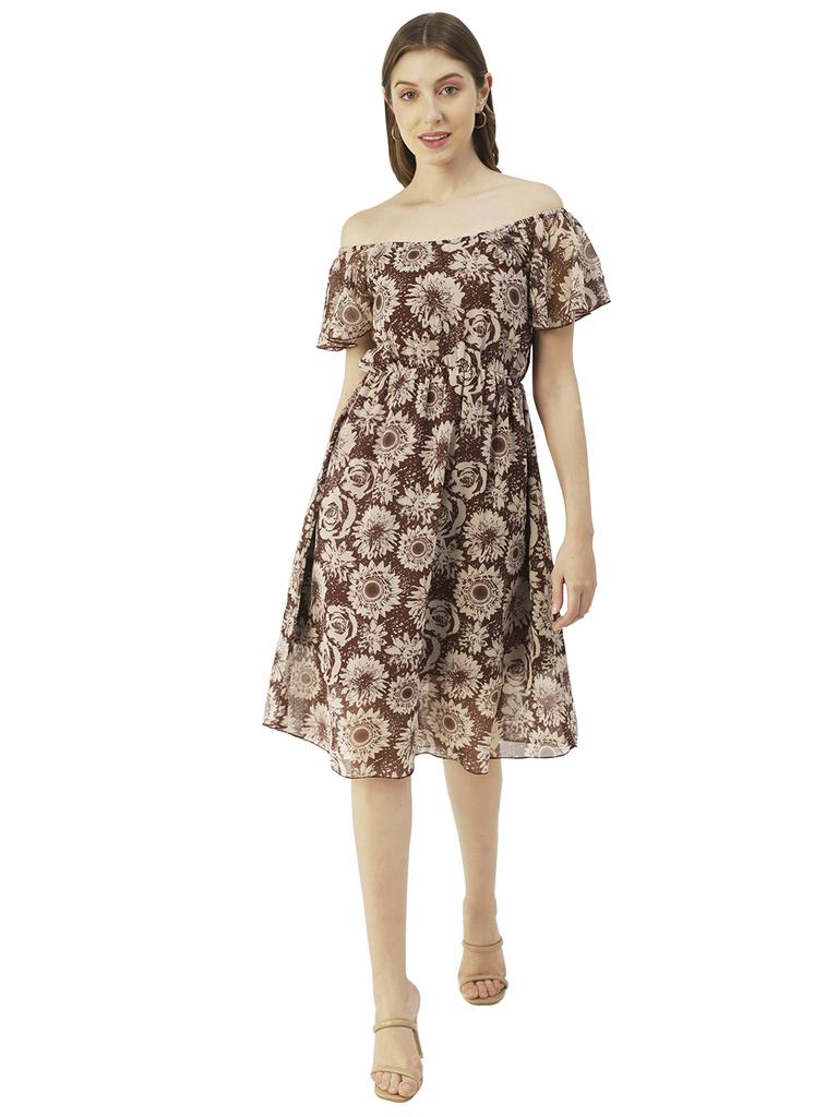 Moomaya Printed Off-Shoulder Poly Georgette Midi Dress Cinched Long Dress