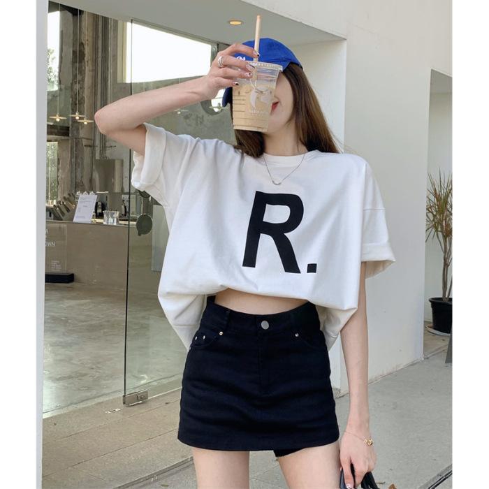 

[Гребенной плотный чистый хлопок] Футболка женская летняя новая с принтом и коротким рукавом, свободная в плечах S