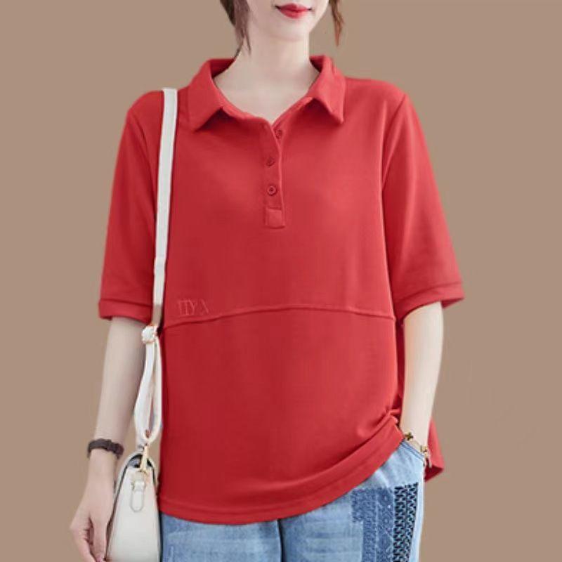 Damenbekleidung Sommer Einfache Casual Streetwear Übergroße Polokragen T-Shirts Einfarbig Kurzarmoberteile