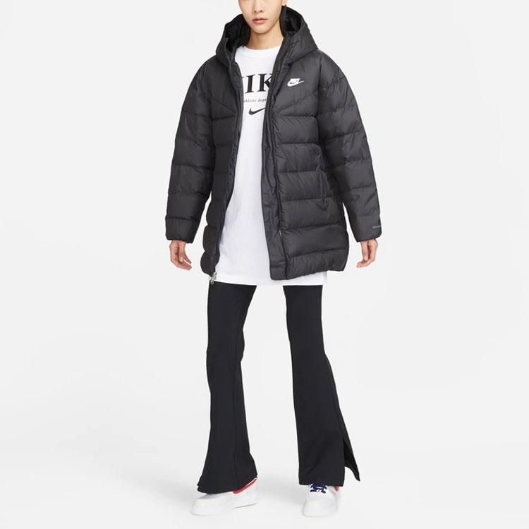 Nike Logo-Muster bedruckte Stehkragen-Kapuzen-Daunenjacke Damen Oberbekleidung Schwarz DQ6874-010