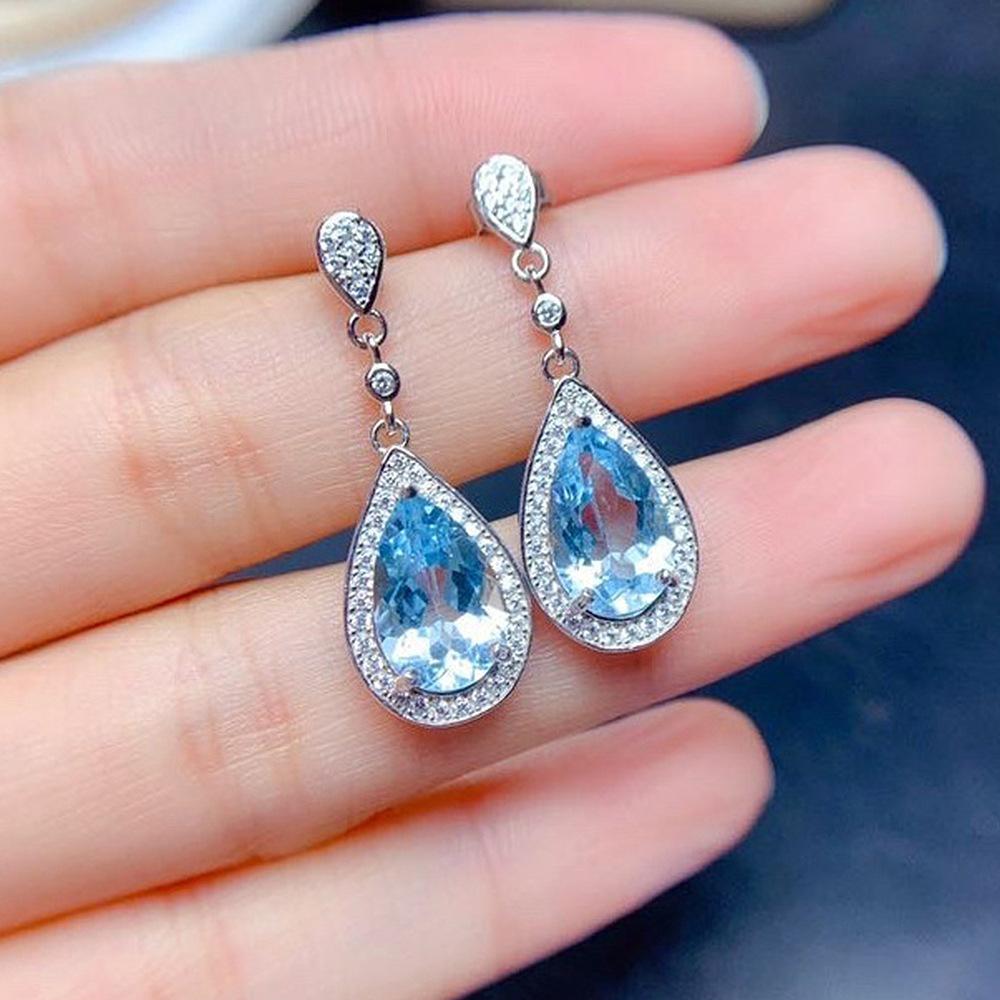 Sweet And Luxurious Jewelry, European And American Sparkling Personality, Bride'S Wedding, Blue Zircon Earrings