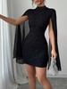 Abito aderente da donna con scollo rotondo, a rete con buchi a righe e perle, a mantella