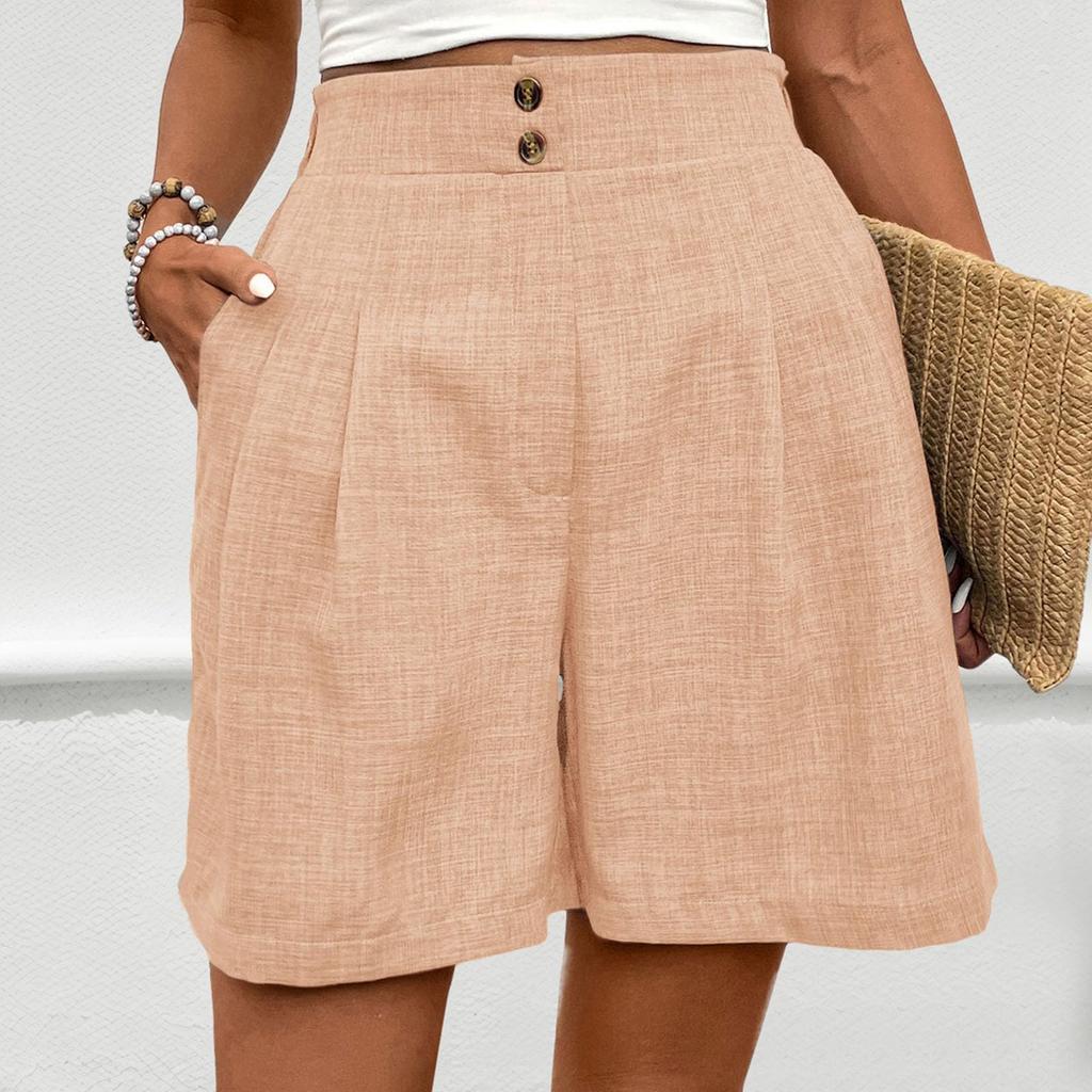 Women's Loose Casual Pants Button -Color High Waist Straight Shorts