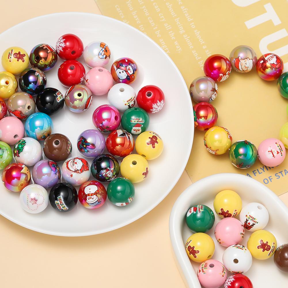 5pcs Acrylic Christmas Print Beads Colorful Square Round Spacer Bead for Bracelet Keychain DIY Jewelry Making Accessories