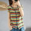 Rainbow Striped Knitted Cardigan Short Sleeve Women Summer New Pure Cotton Round Neck Stylish Exterior Comfortable Comfortable Top